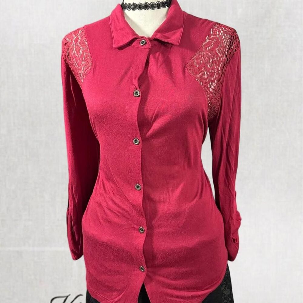 Wet Seal Deep Red Lace Back Collared Button Up Top